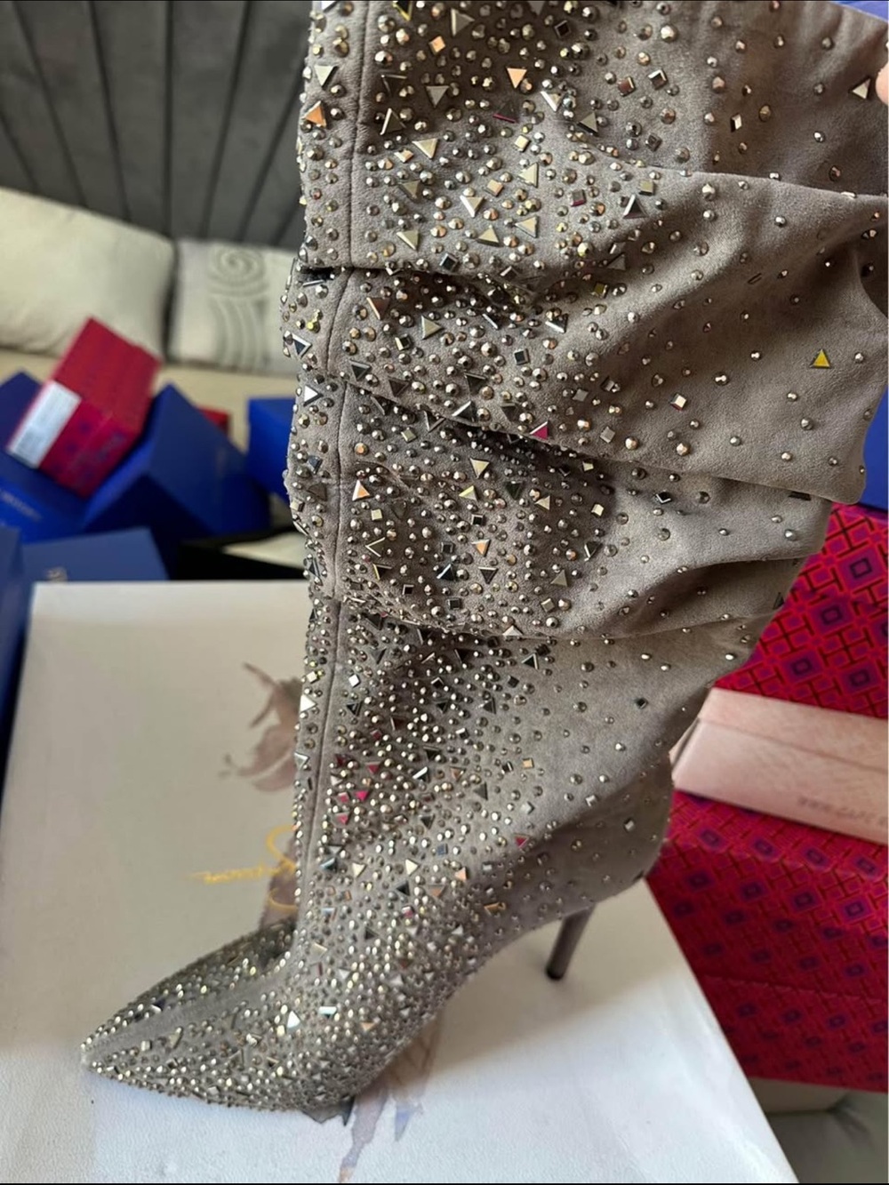 Jessica Simpson Gray Studded Pointed-Toe Mid-Calf Stiletto Boots